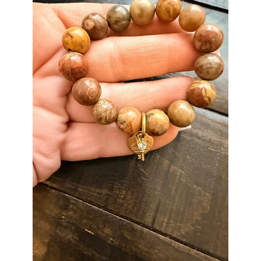 Jasper Stone Bead Stretch Bracelet Gold Heart Key Charm 925 Sterling‎